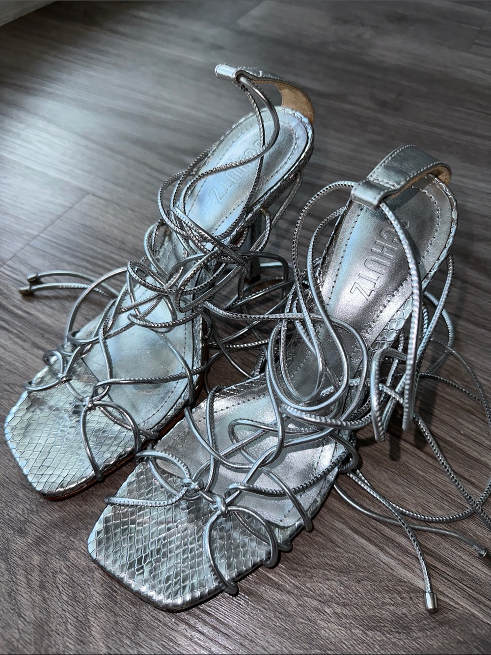 Schutz Silver Lace-Up Strappy Heels